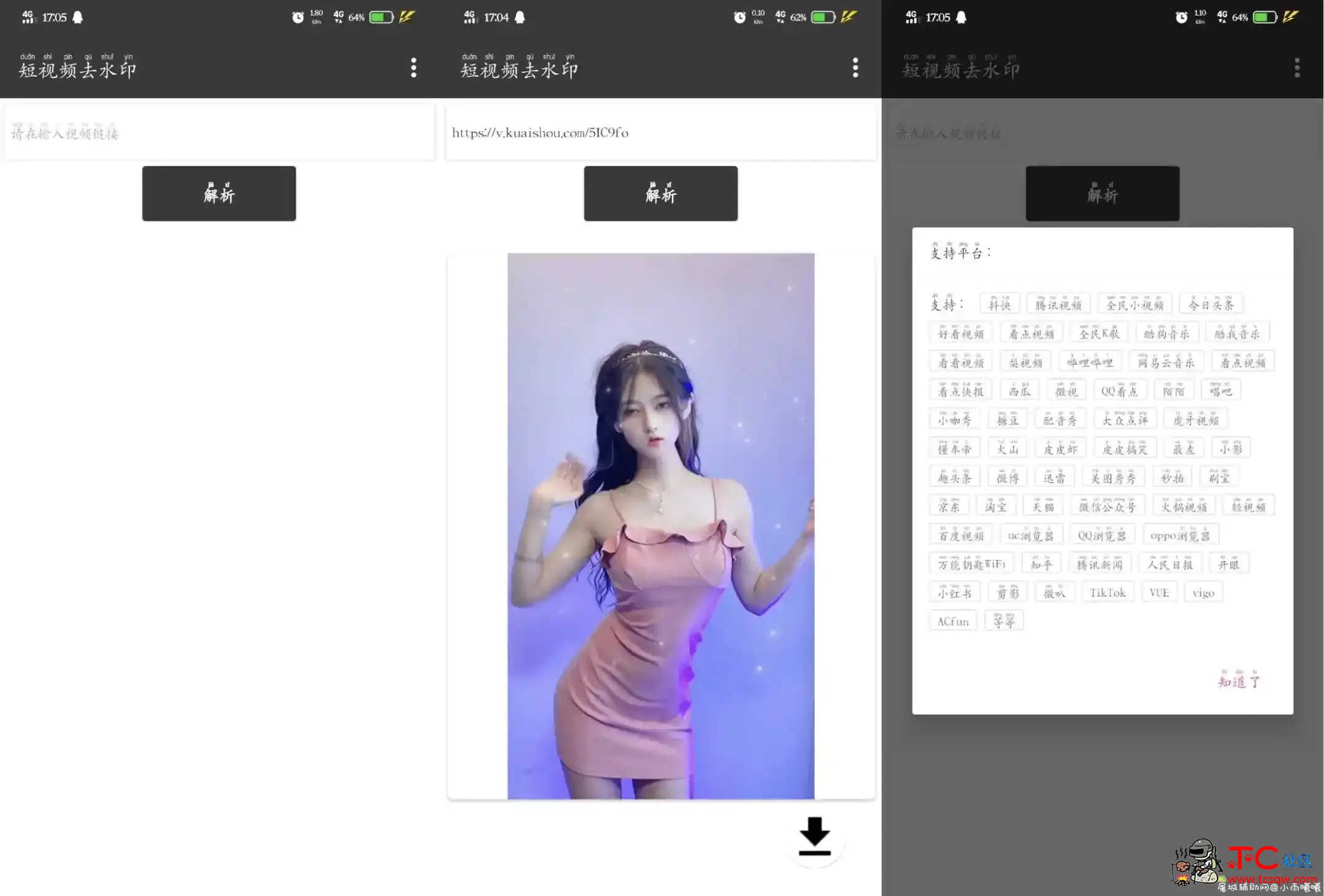 短视频去水印1.0助手 支持60+平台 TC辅助网www.tcsq1.com3150
