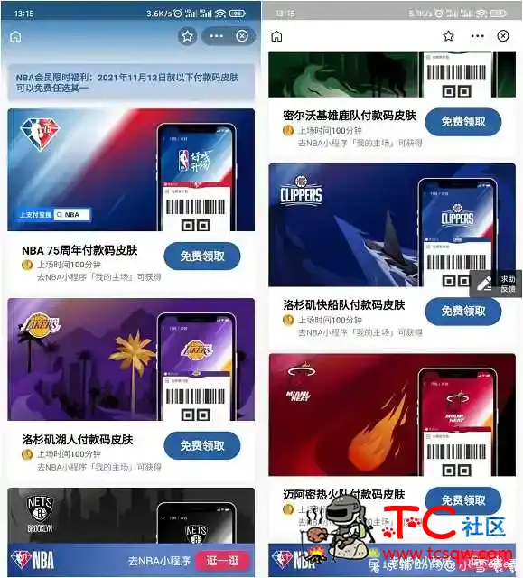 免费领取7款支付宝付款码NBA皮肤 TC辅助网www.tcsq1.com716