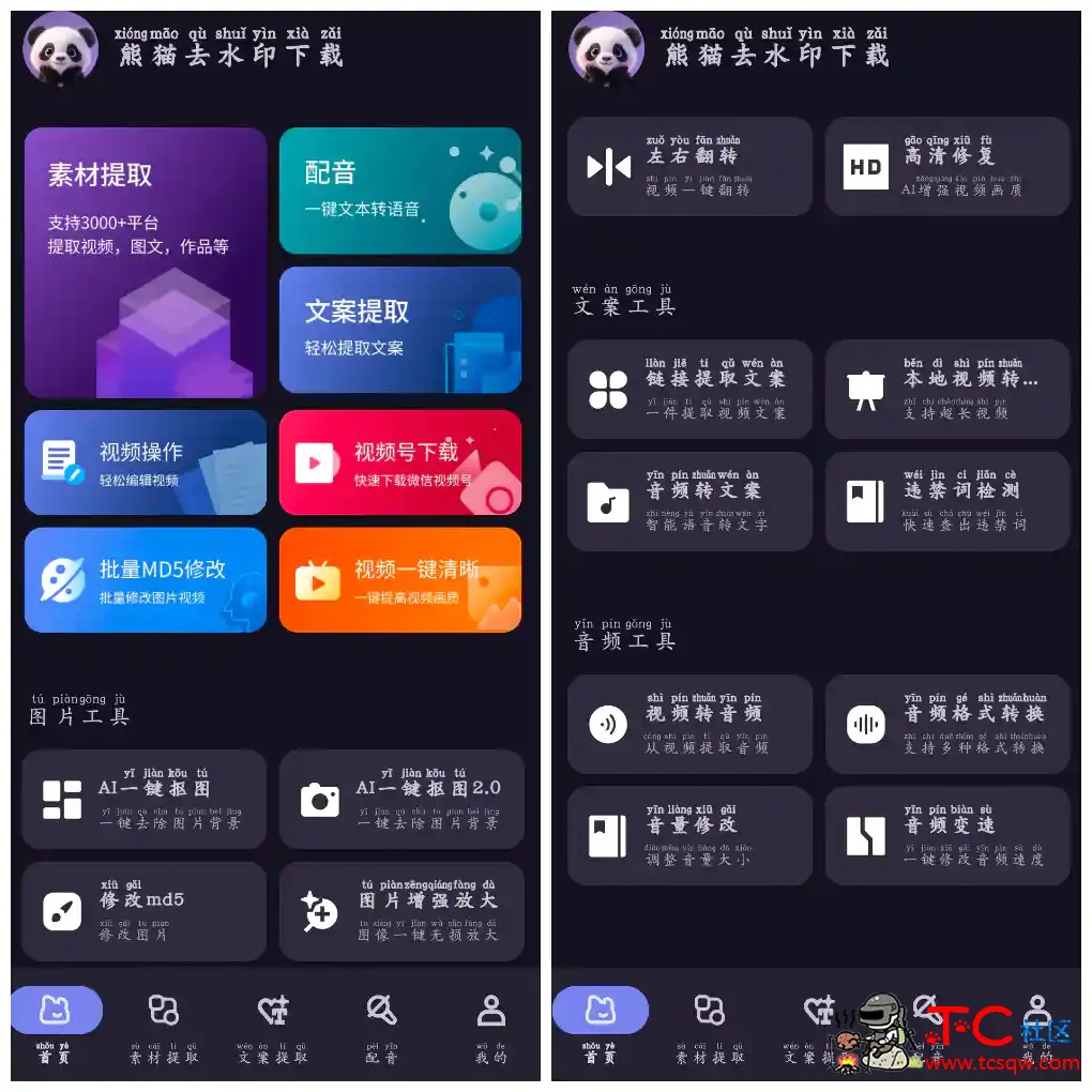 熊猫去水印下载v1.0.3 短视频无水印下载 内置了超30+自媒体编辑工具 TC辅助网www.tcsq1.com6293